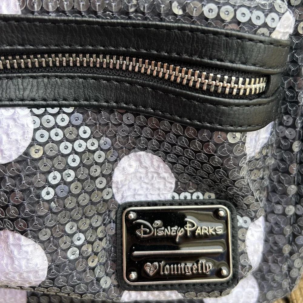 Disney Parks Loungefly Minnie Mouse Sequined Black White Polka Dot Mini Backpack - Picture 4 of 12